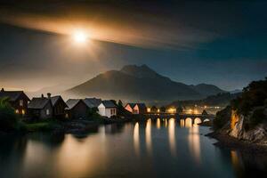 le lune brille plus de une village dans Norvège. généré par ai photo