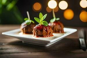 Trois Boulettes de viande avec sauce sur une blanc plaque. généré par ai photo