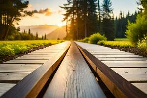 une en bois Piste de premier plan à le Soleil dans le milieu de une champ. généré par ai photo