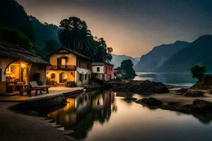 une maison est assis sur le rive de une rivière à crépuscule. généré par ai photo
