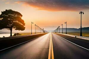 une longue Autoroute avec une le coucher du soleil dans le Contexte. généré par ai photo