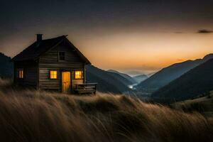 une petit cabine dans le montagnes à le coucher du soleil. généré par ai photo