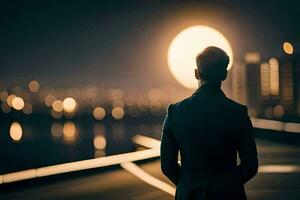 une homme dans une costume des stands dans de face de une ville à nuit. généré par ai photo