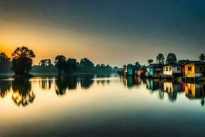 Maisons sur le l'eau à le coucher du soleil. généré par ai photo