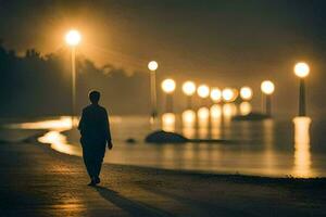 une homme en marchant le long de le plage à nuit avec lumières. généré par ai photo