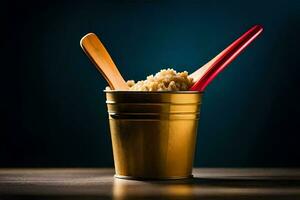 une bol de riz avec deux en bois cuillères. généré par ai photo