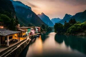 une rivière dans le montagnes avec Maisons et montagnes dans le Contexte. généré par ai photo