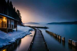 une en bois Dock pistes à une Lac et une cabine. généré par ai photo