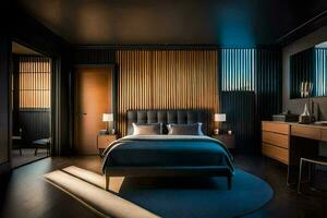 une chambre avec une noir lit et en bois lambris. généré par ai photo