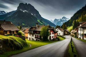 photo fond d'écran le ciel, montagnes, route, Maisons, village, le Alpes, Suisse. généré par ai