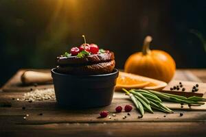 une citrouille tarte avec cerises et épices sur une en bois tableau. généré par ai photo