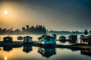 Maisons sur le l'eau à lever du soleil dans le Matin. généré par ai photo