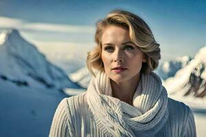 une magnifique blond femme dans une blanc chandail et foulard. généré par ai photo