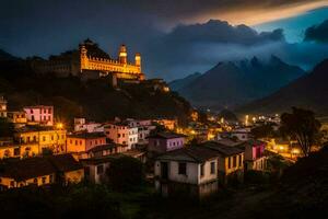 une ville dans le montagnes à nuit. généré par ai photo