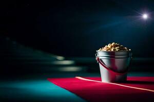 une seau de pop corn sur une rouge tapis. généré par ai photo