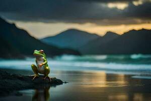 une grenouille séance sur le plage à le coucher du soleil. généré par ai photo