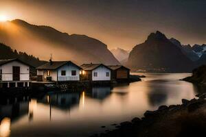 photo fond d'écran le ciel, montagnes, eau, Maisons, le mer, le soleil, Norvège. généré par ai