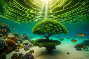 une arbre avec une vert mousse sur le océan sol. généré par ai photo
