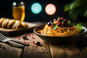 spaghetti avec baies et pain sur une en bois tableau. généré par ai photo