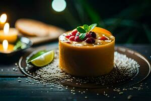 une dessert avec fruit et épices sur une plaque. généré par ai photo