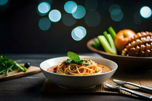 spaghetti avec tomate sauce et des légumes dans une bol. généré par ai photo