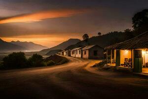 une route de premier plan à une village à le coucher du soleil. généré par ai photo