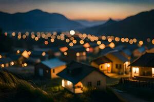 une miniature village à crépuscule avec lumières sur le Maisons. généré par ai photo
