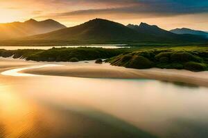 une magnifique le coucher du soleil plus de une rivière et montagnes. généré par ai photo