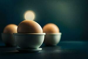 Trois des œufs dans une blanc tasse sur une foncé tableau. généré par ai photo