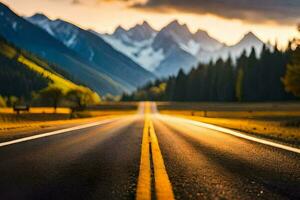 une route dans le montagnes avec une le coucher du soleil. généré par ai photo