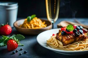 spaghetti avec Boulettes de viande et baies. généré par ai photo