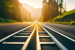 une longue route avec une train Piste dans le milieu. généré par ai photo