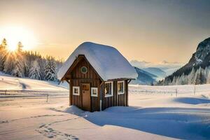 une petit en bois cabane est assis dans le neige. généré par ai photo