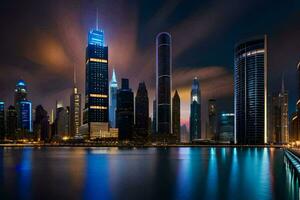 le ville horizon à nuit dans Dubai. généré par ai photo