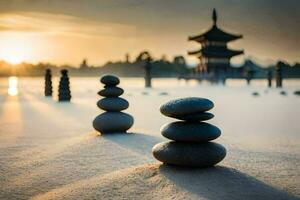 le lever du soleil dans le Contexte de une pagode. généré par ai photo