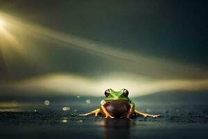 une grenouille séance sur le sol dans le sombre. généré par ai photo