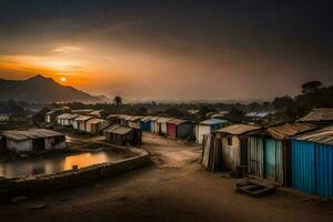 une village à le coucher du soleil avec huttes et l'eau. généré par ai photo