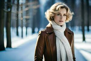 une femme dans une marron veste et écharpe permanent dans le neige. généré par ai photo