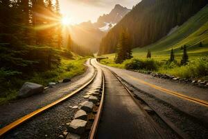 une train Piste dans le montagnes avec le Soleil brillant. généré par ai photo