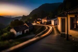 photo fond d'écran le ciel, route, montagnes, Maisons, coucher de soleil, le route, le village,. généré par ai