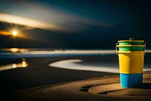 une coloré tasse est assis sur le le sable à le coucher du soleil. généré par ai photo