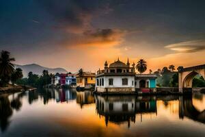 le magnifique le coucher du soleil plus de le Lac dans Inde. généré par ai photo