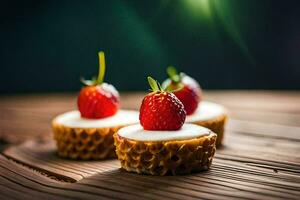 Trois petit desserts avec des fraises sur Haut. généré par ai photo