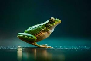 une grenouille est permanent sur une foncé surface. généré par ai photo