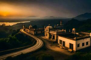 le le coucher du soleil plus de une mosquée dans Inde. généré par ai photo