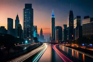 une ville horizon à crépuscule avec lumières sur le bâtiments. généré par ai photo