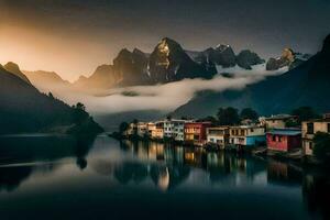 une Lac et Maisons dans le montagnes. généré par ai photo