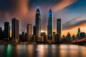 le ville horizon à le coucher du soleil dans shanghaï. généré par ai photo