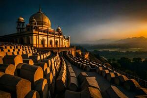 le Soleil ensembles plus de le tombeau de la personne dans Inde. généré par ai photo