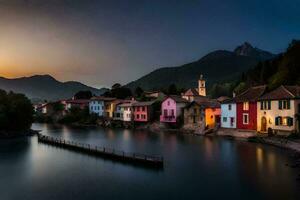 une rivière et une ville à le coucher du soleil. généré par ai photo